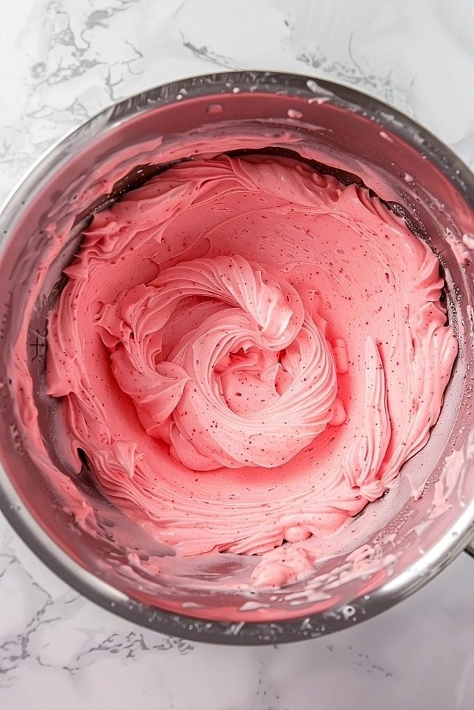 Strawberry frosting in a metal mixing bowl.

