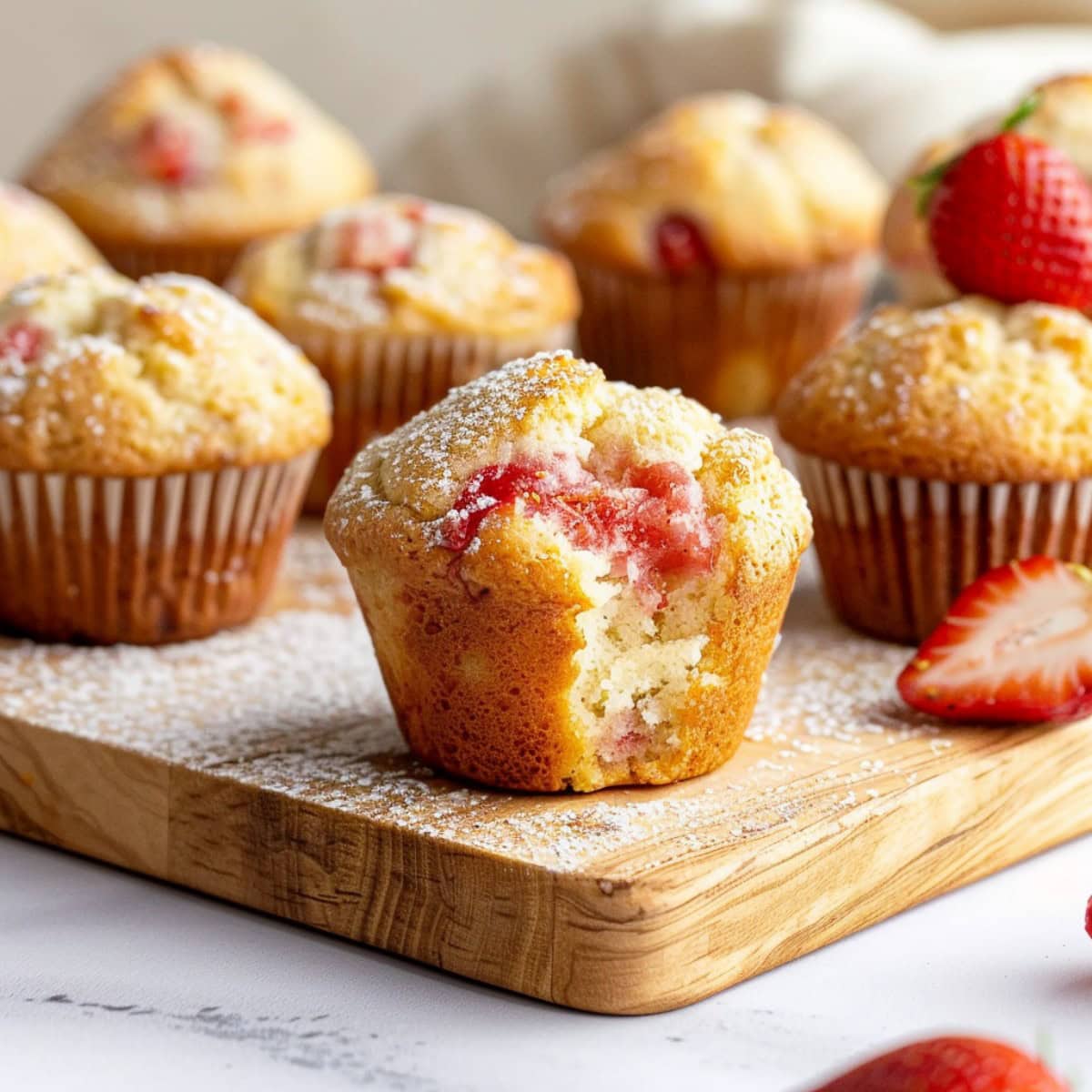 Strawberry muffins slightly taken out to show its inner texture
