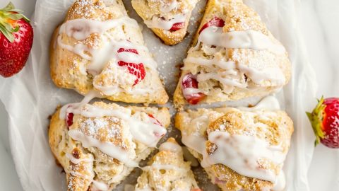 Classic strawberry scones, featuring chunks of fresh strawberries baked to perfection