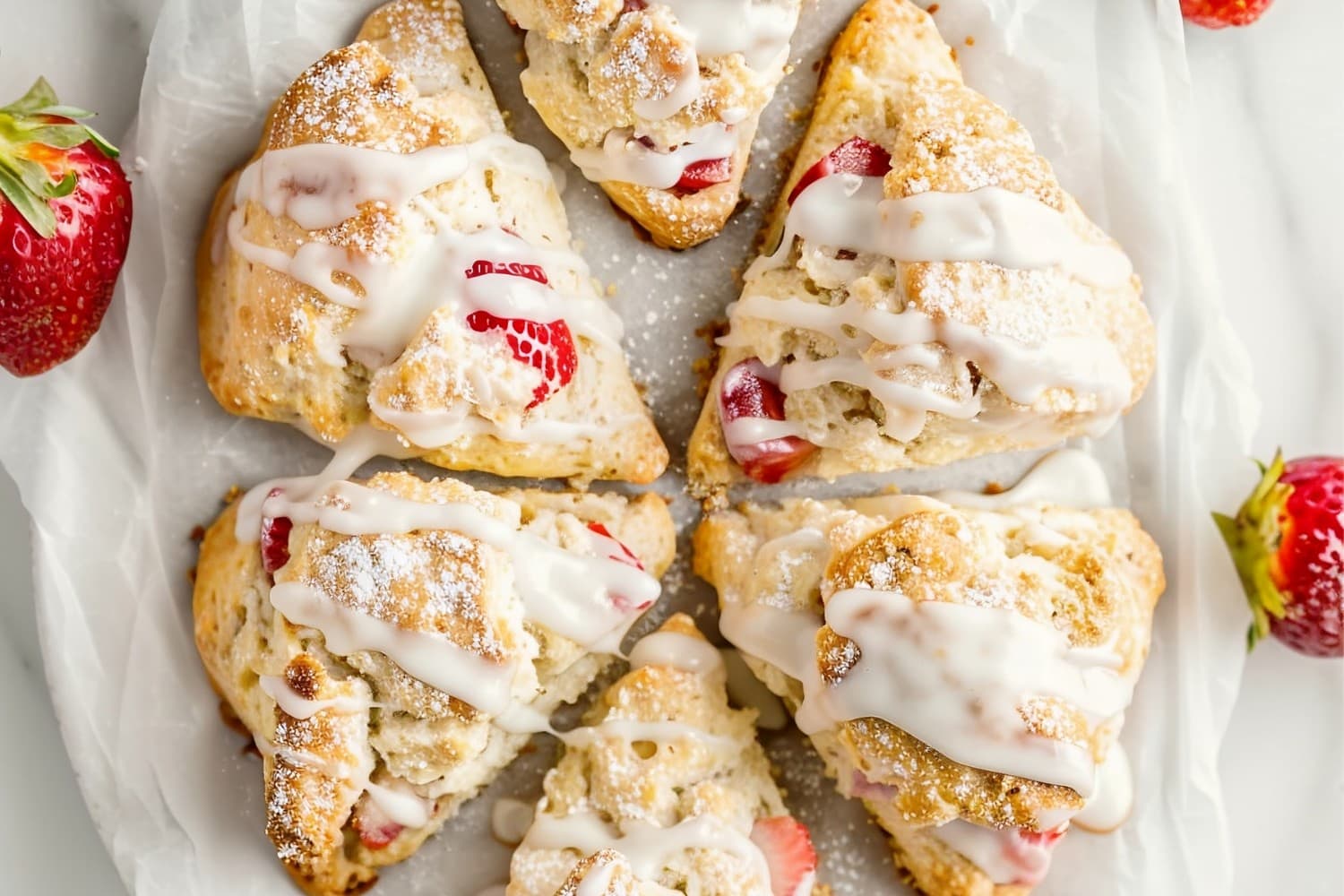 Classic strawberry scones, featuring chunks of fresh strawberries baked to perfection