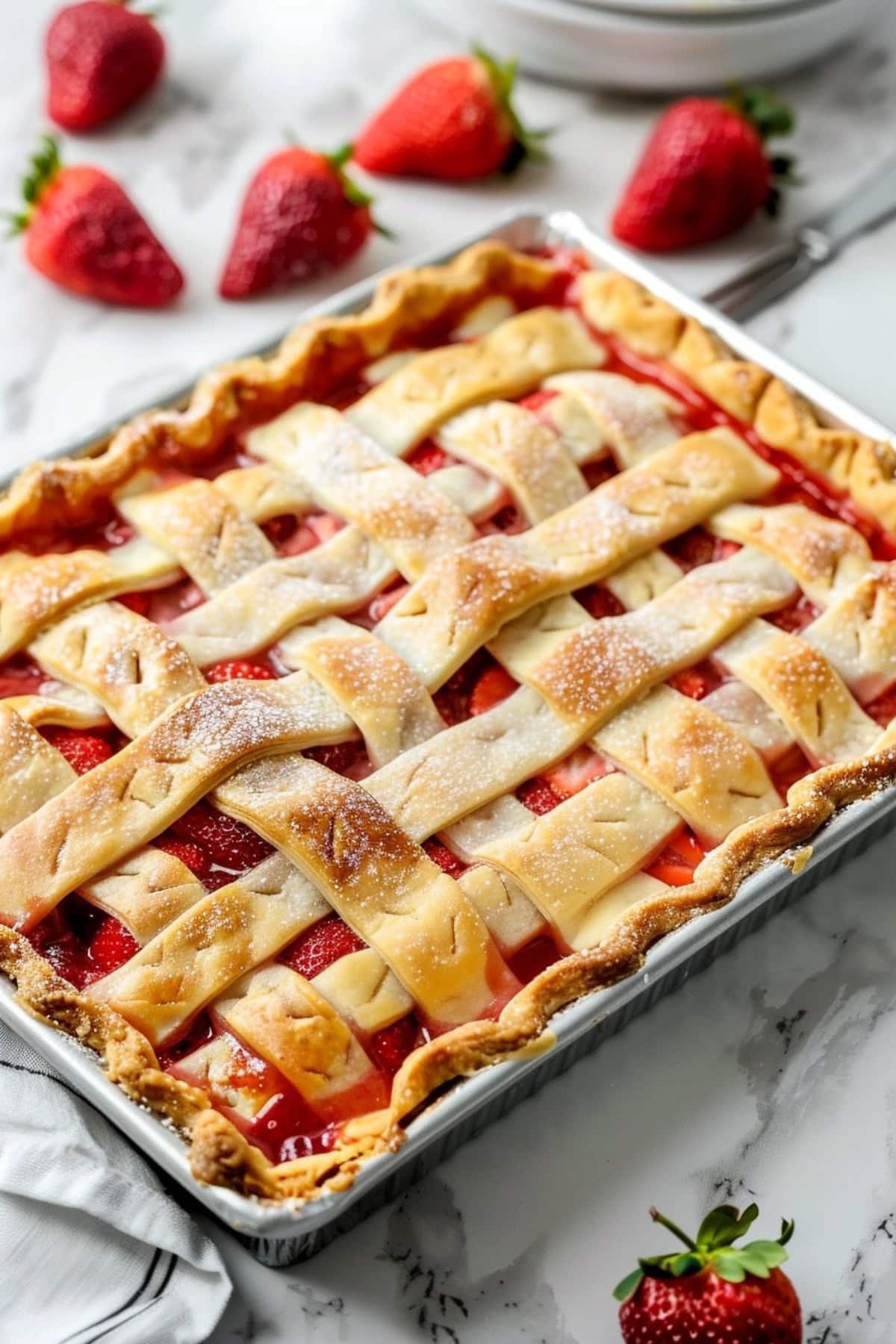 Strawberry slab pie in a rectangular baking pan with lattice top