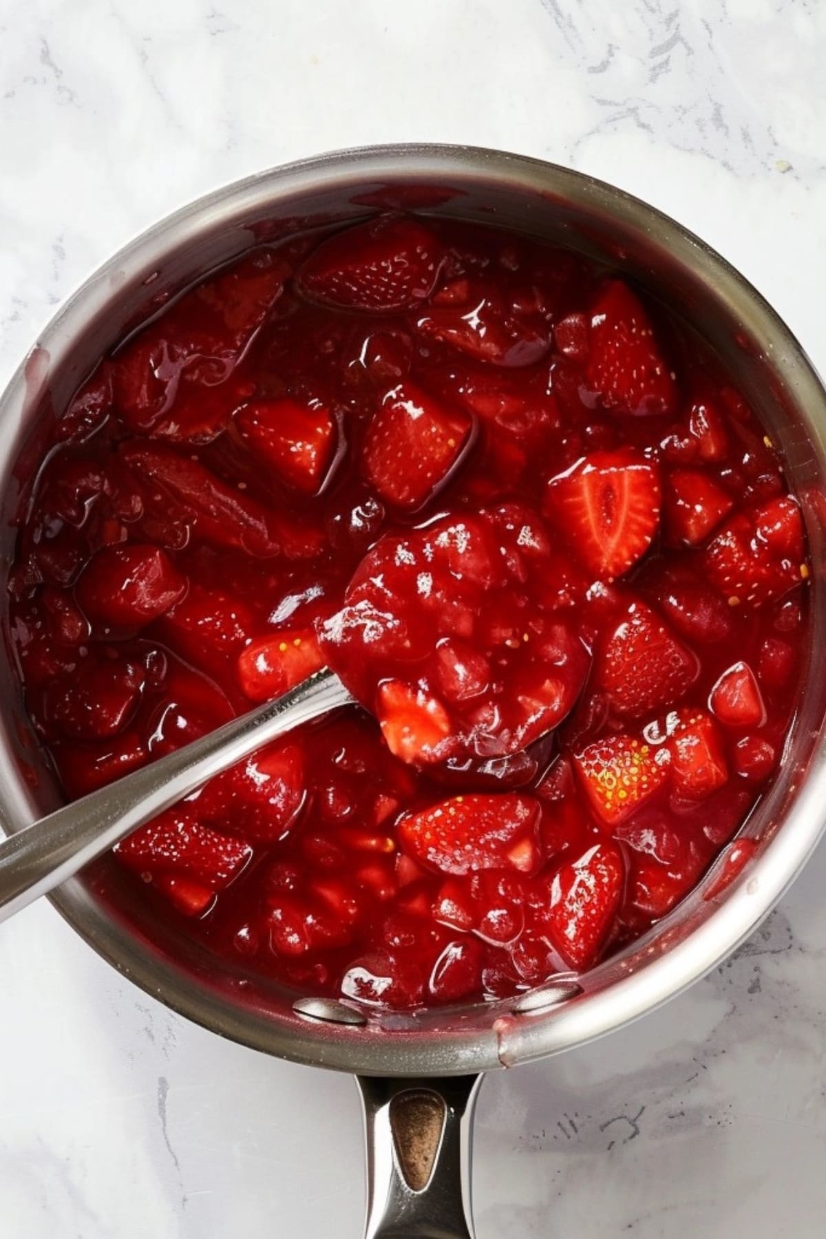 Strawberry jam in a saucepan. top down view