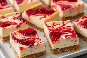 Bar slices of cheesecake topped with strawberry jam on a white plate.