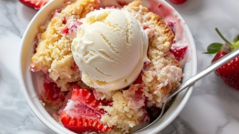 Serving of strawberry dump cake in a small white bowl topped with a scoop of vanilla ice cream.