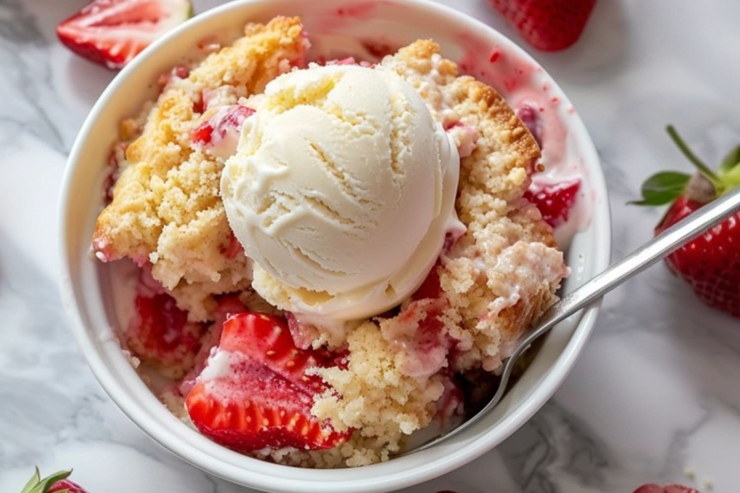 Serving of strawberry dump cake in a small white bowl topped with a scoop of vanilla ice cream.