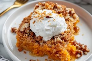 Sweet potato dump cake served in a white plate with whipped cream and chopped pecan nuts.