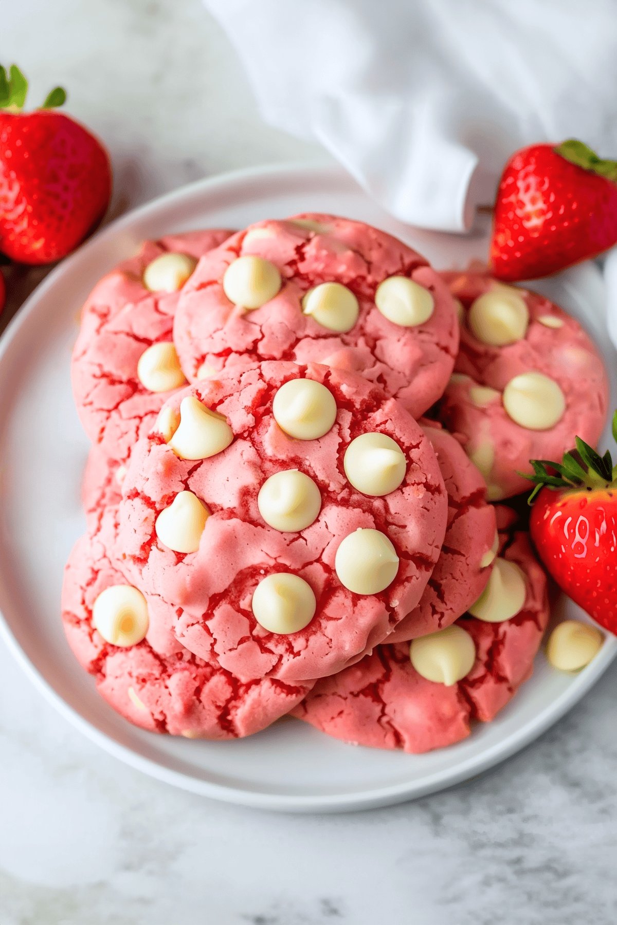 Homemade strawberry cake mix cookies with white chocolate chips in a white plate