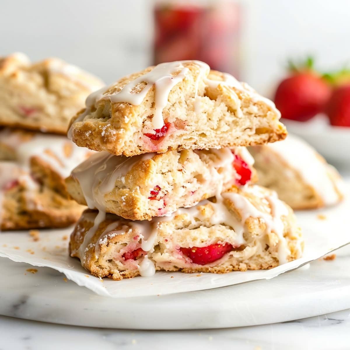 Delicious strawberry scones, adorned with vanilla glaze for the perfect finishing touch