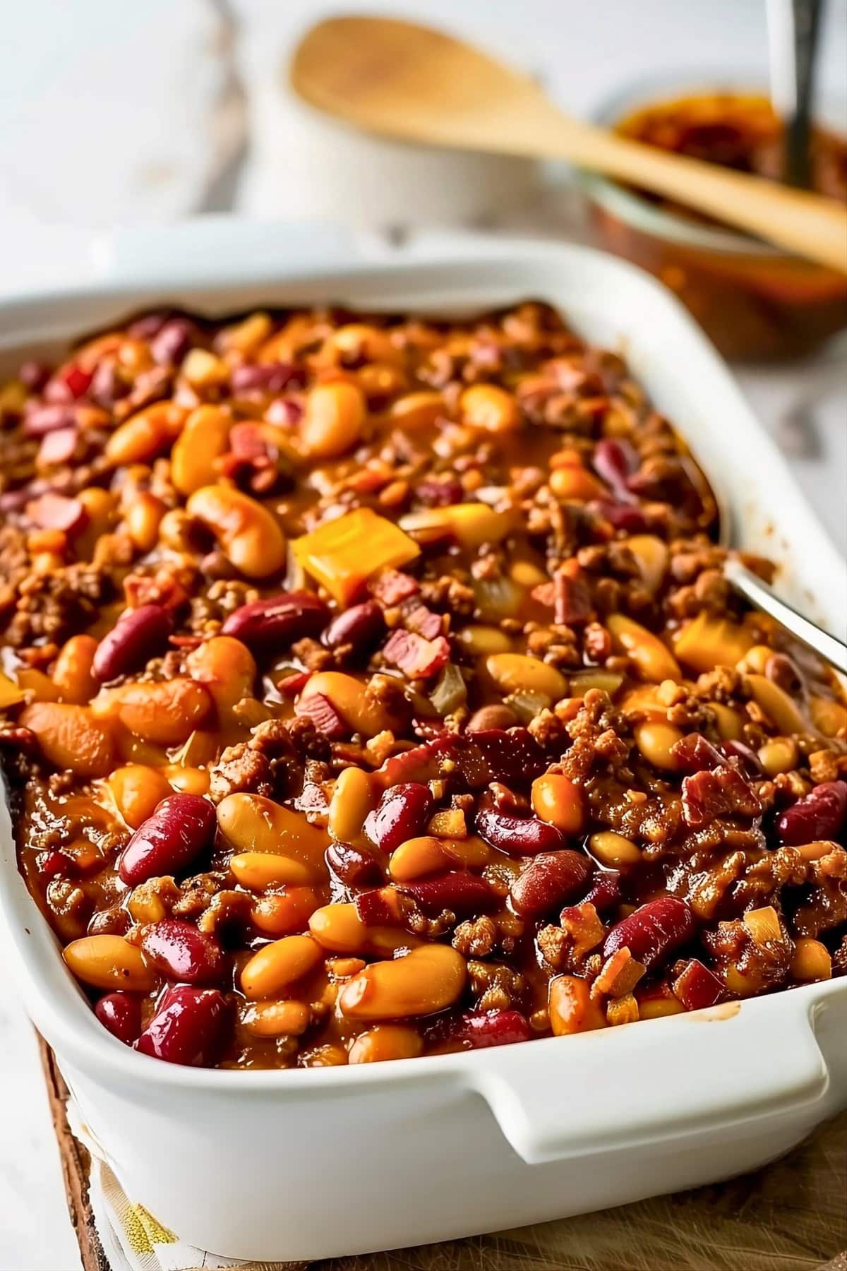 Three bean casserole cooked in a baking dish.