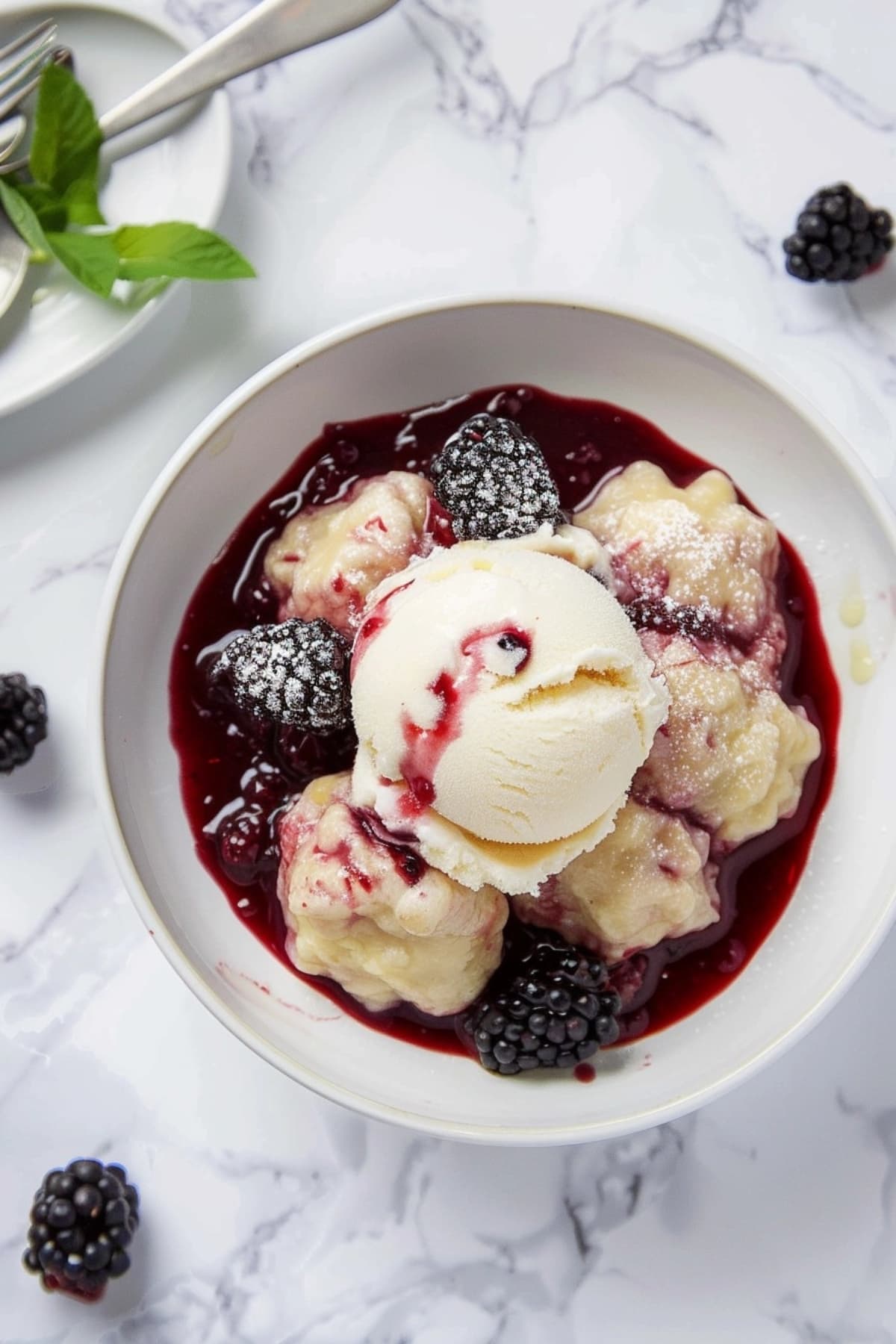 Top view of a serving of blackberry dumplings in a white bowl served with vanilla ice cream.