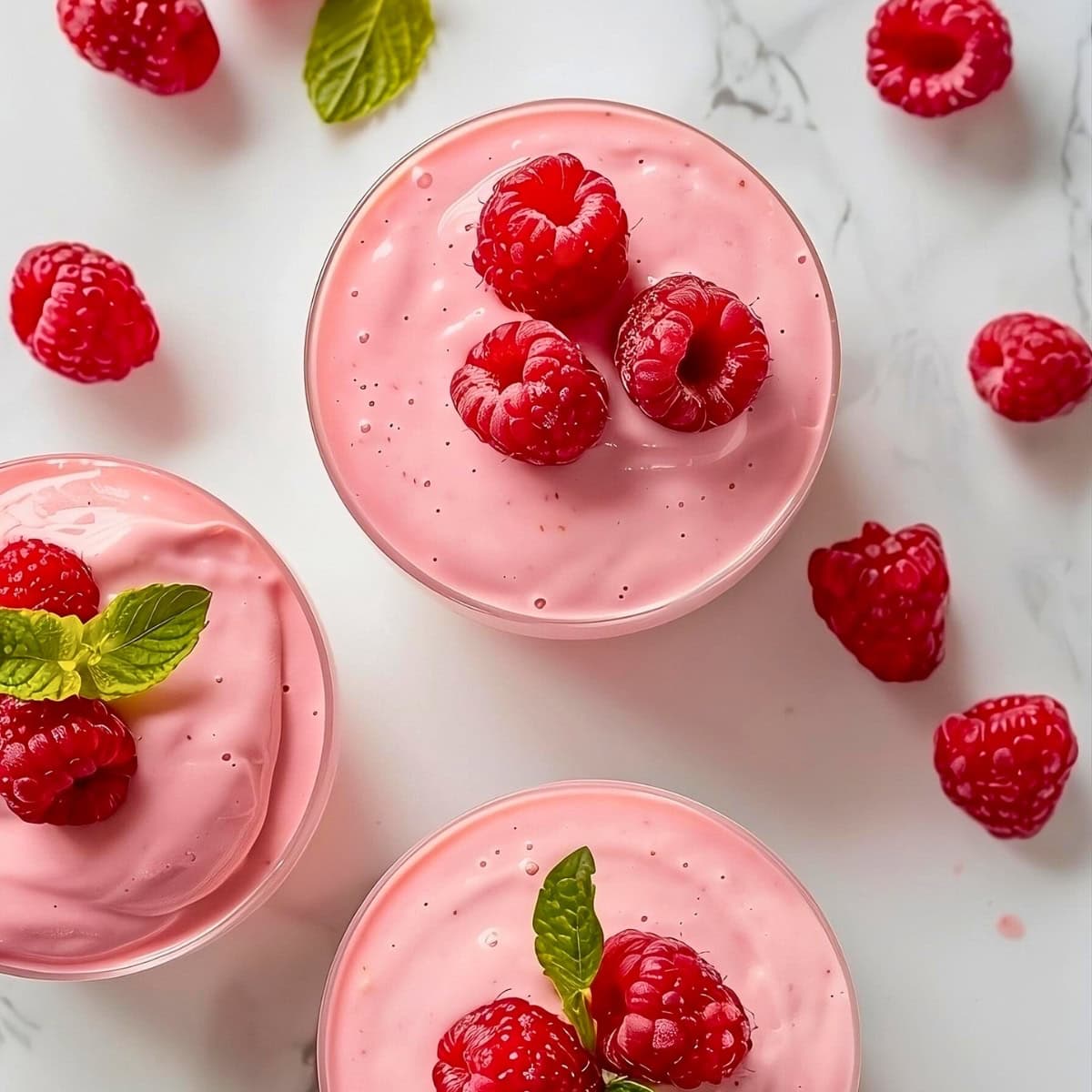 Top view of raspberry mousse in dessert glasses.