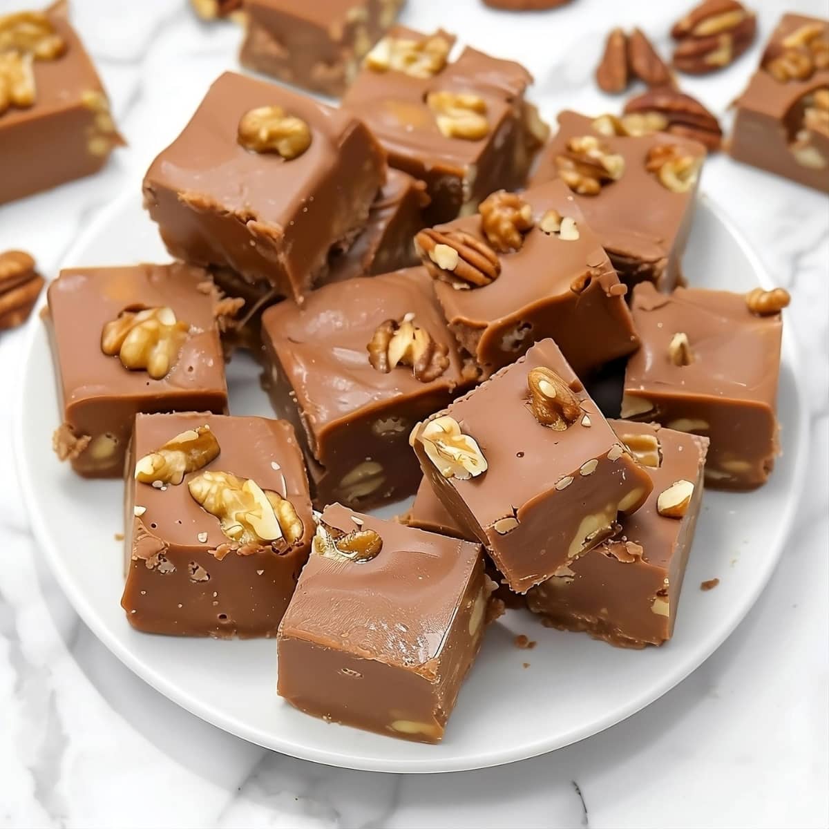A plate of fudge squares with walnuts