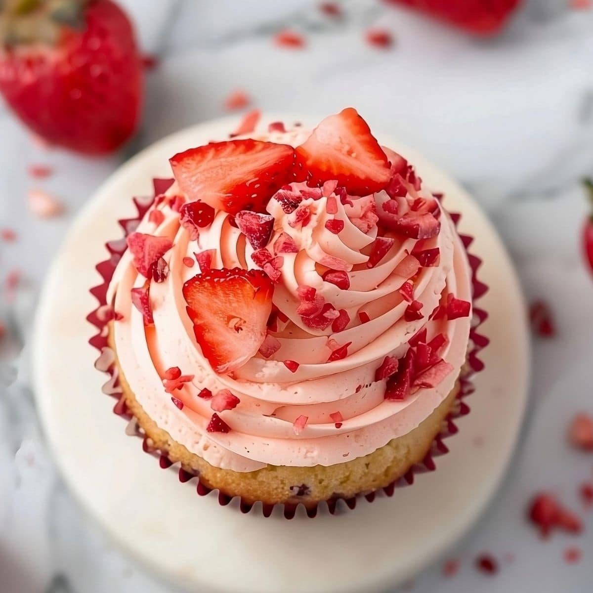 Top view of strawberry cupcake with strawberry slices and bits garnish.