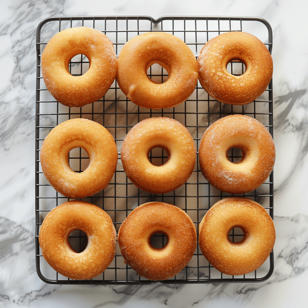 Nine pancake mix donuts on a cooling rack on a white marble table