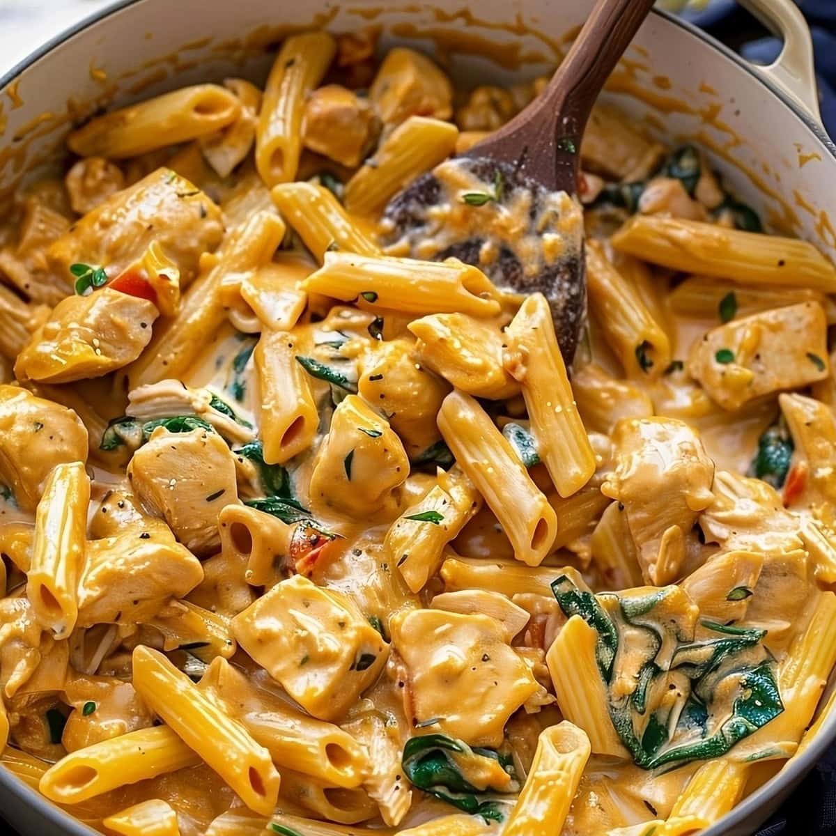 Tuscan chicken pasta in skillet tossed with a wooden ladle.