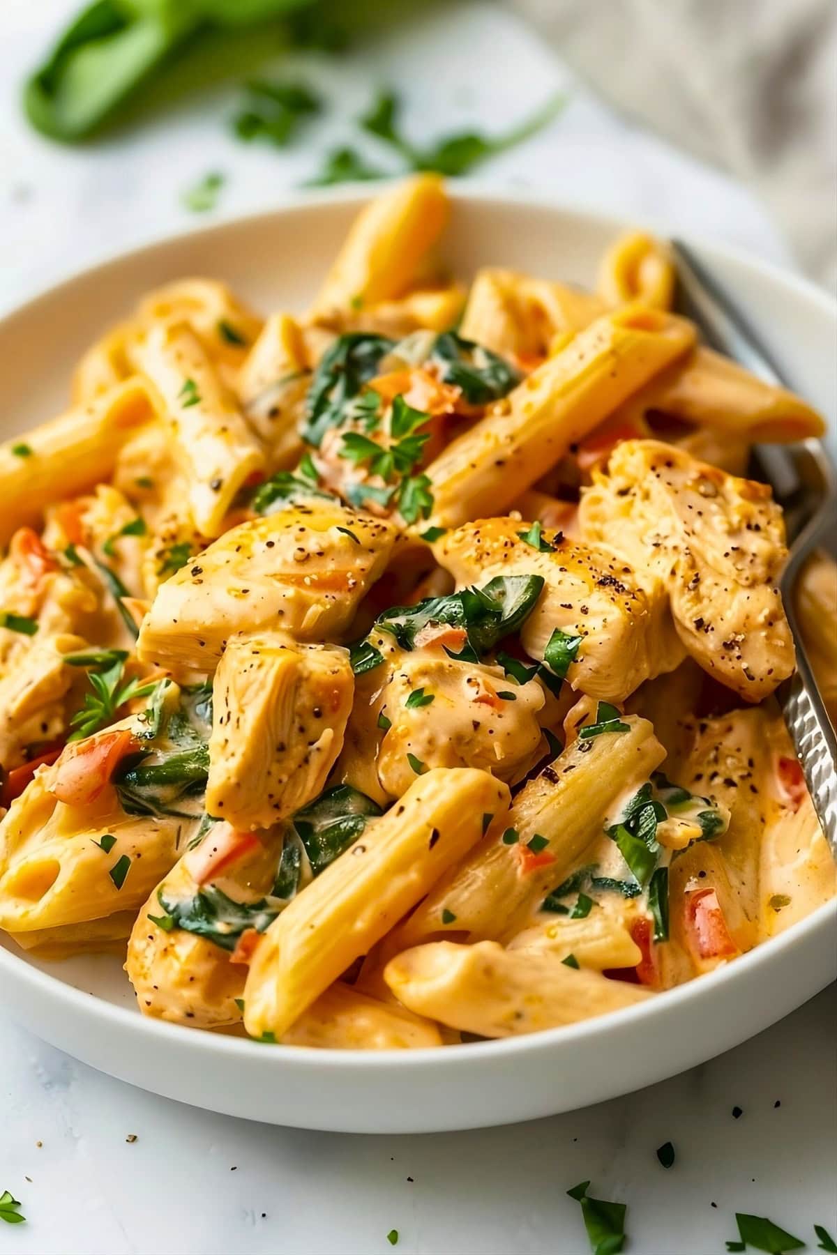 Tuscan chicken pasta in a plate with cheesy and cream sauce.