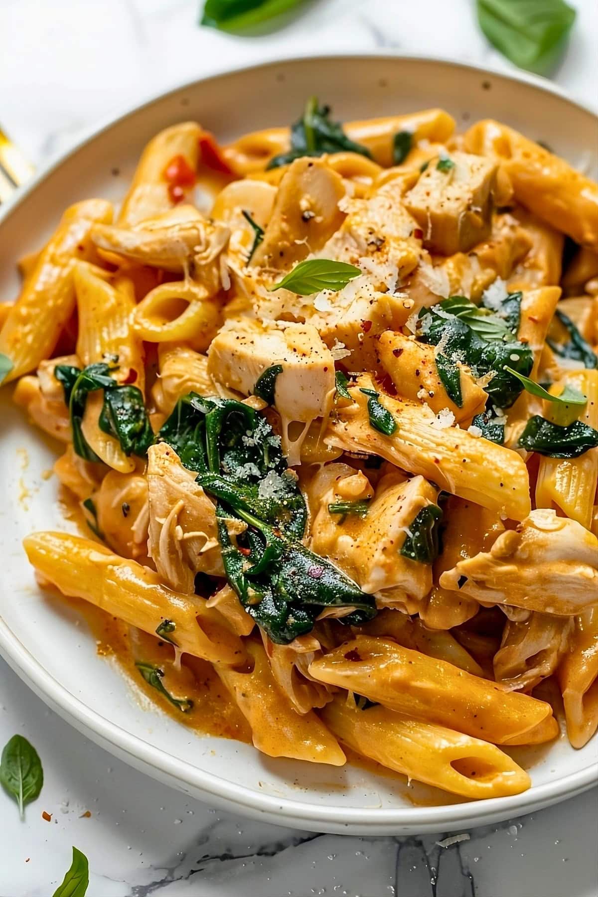 Tuscan chicken pasta with spinach leaves sprinkled with parmesan cheese served in a plate.