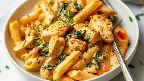 Tuscan chicken pasta garnished with fresh basil.