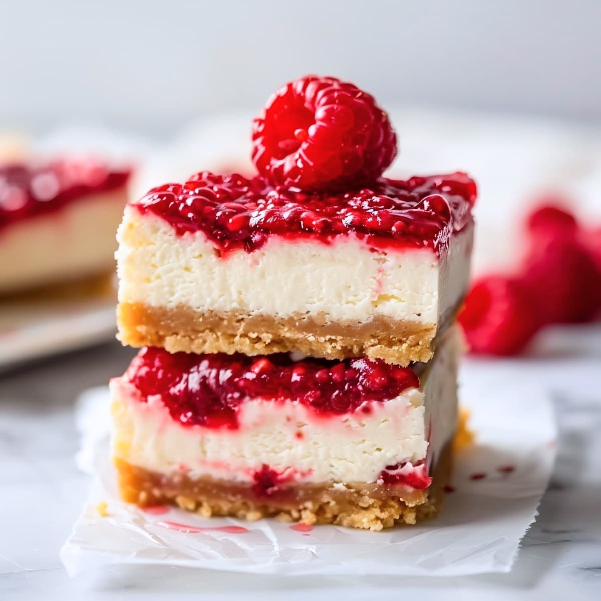 Irresistible raspberry cheesecake bars with graham crusts on a parchment paper, a taste of heaven