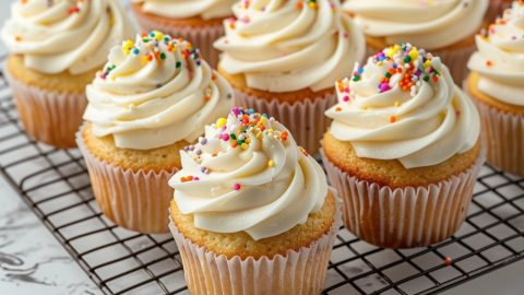 Vanilla cupcakes in cooling rack garnished with buttercream frosting and candy sprinkles.