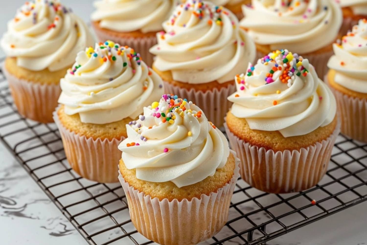 Vanilla cupcakes in cooling rack garnished with buttercream frosting and candy sprinkles.
