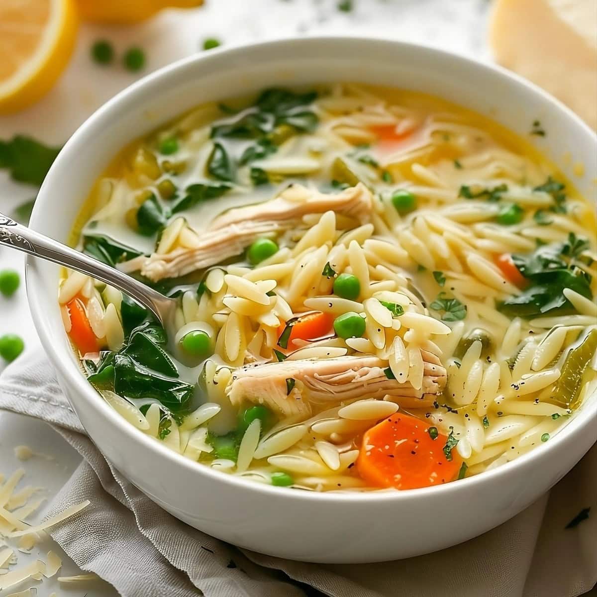Bowl with lemon chicken orzo soup with green peas, shredded chicken, carrots and spinach.