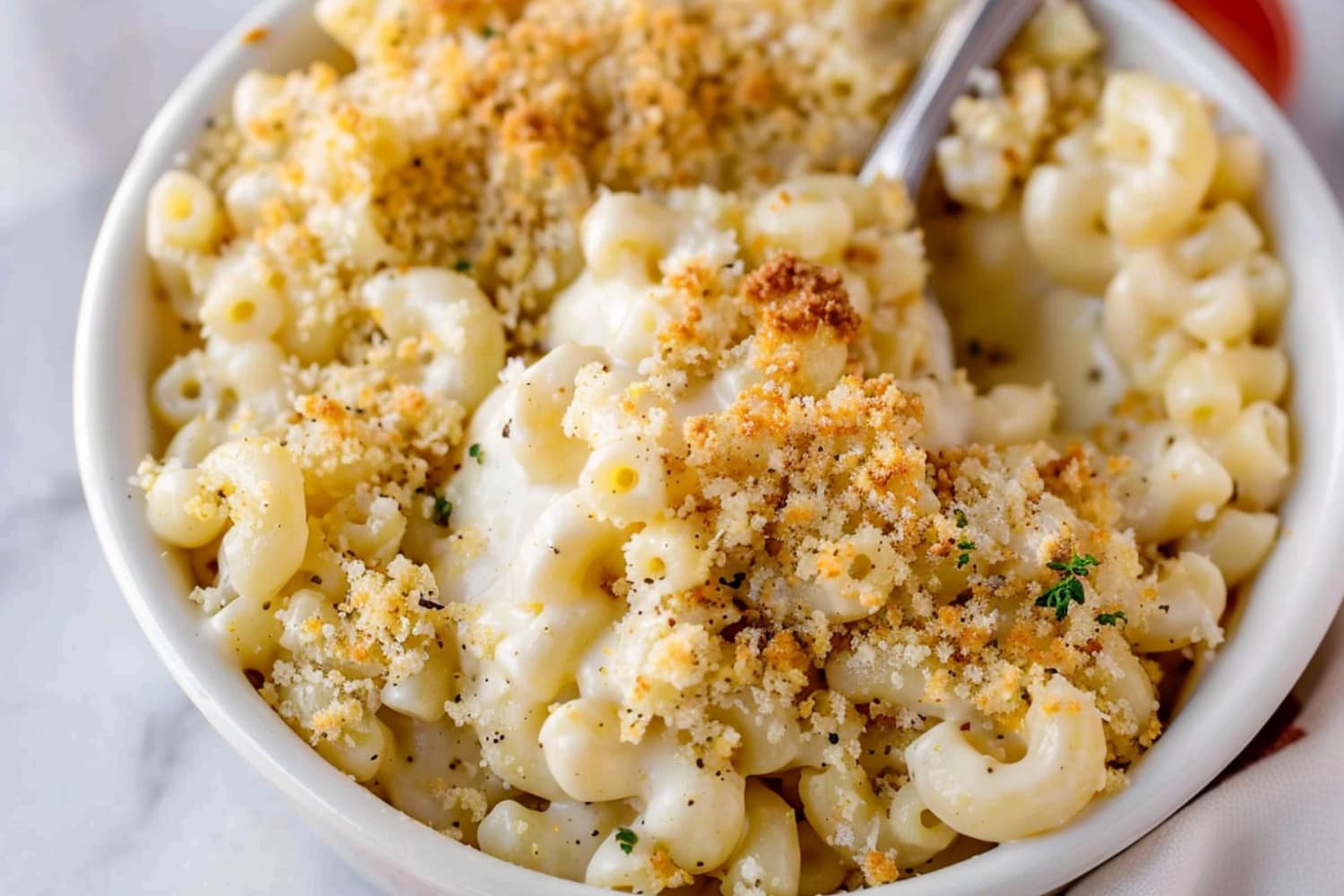 Baked white cheddar mac and cheese with panko crumbs on a white bowl