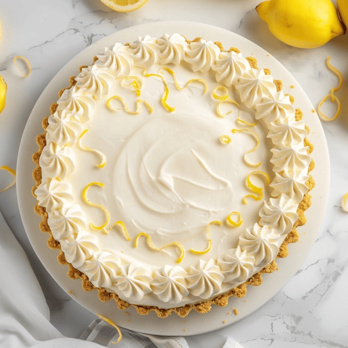 Whole Cream Cheese Lemonade Pie garnished with lemon zest in a cake tray.