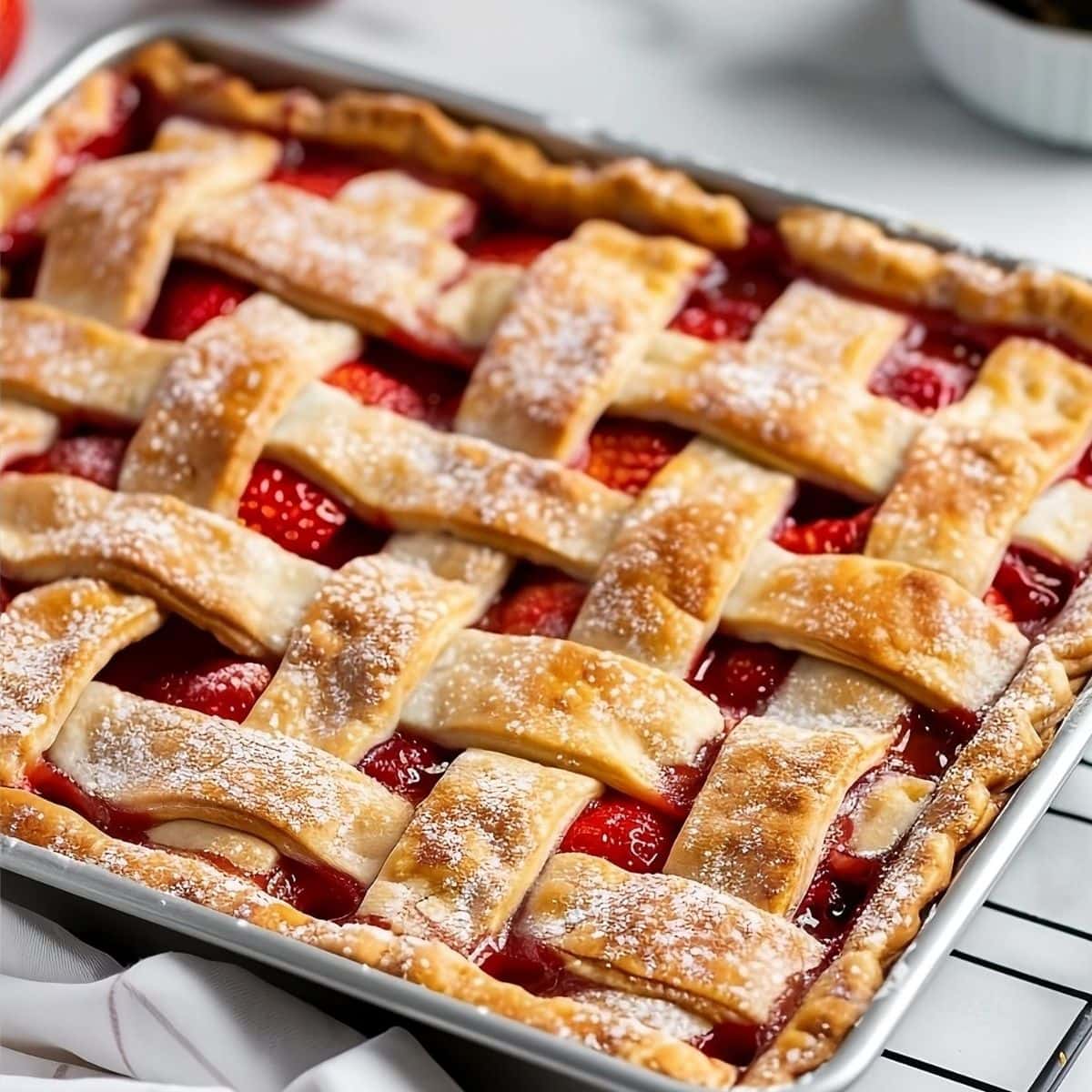 Close-up view of strawberry slab pie in baking pan with lattice crust