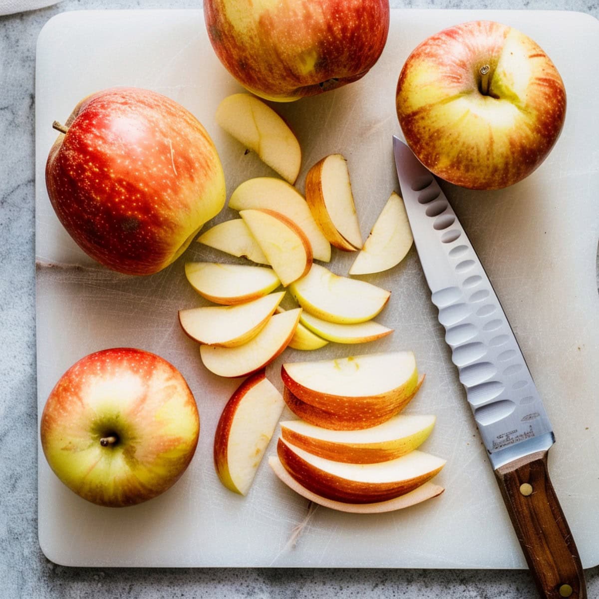 Whole and sliced apples in a cutting board featuring a knife