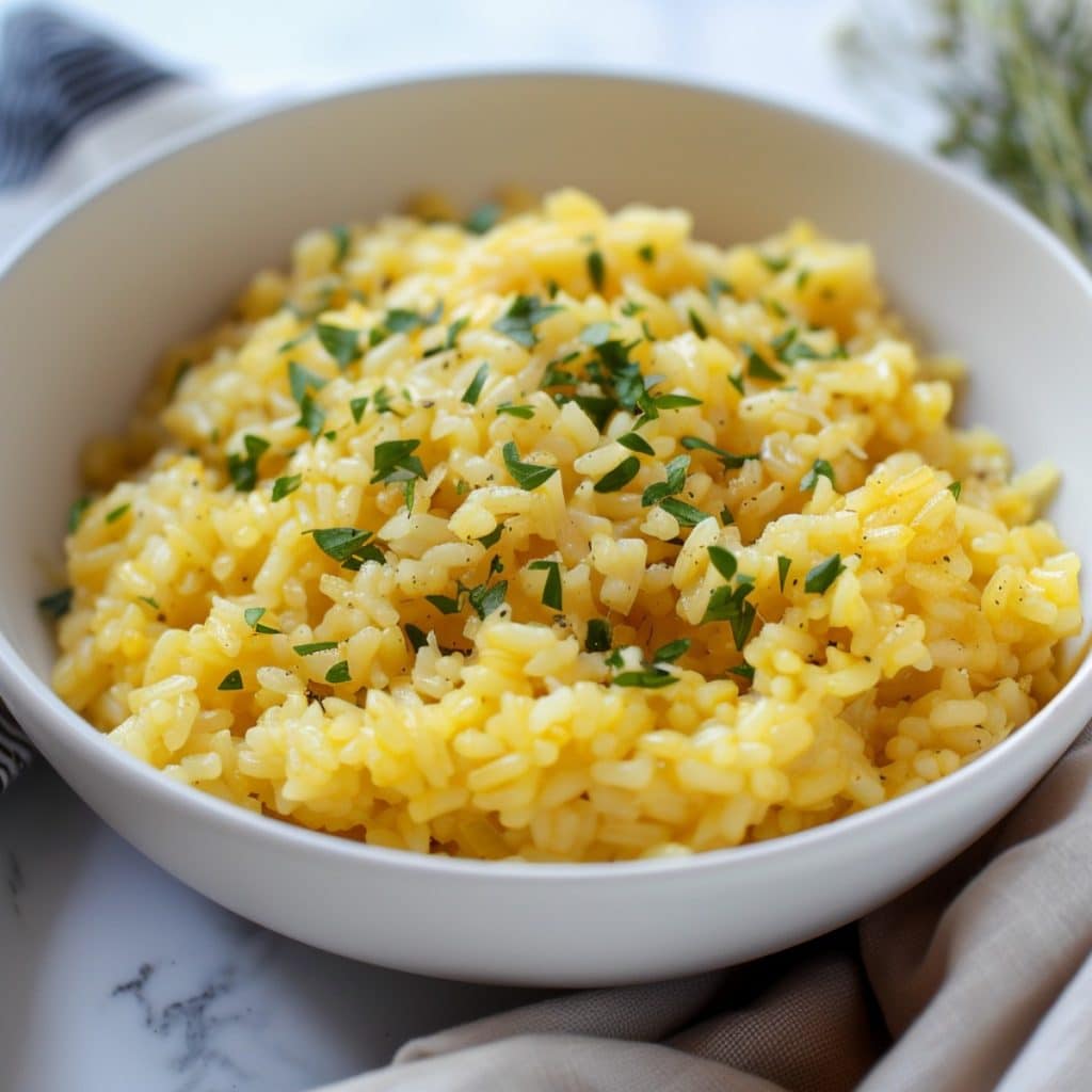 Homemade souper rice with parsley in a white bowl