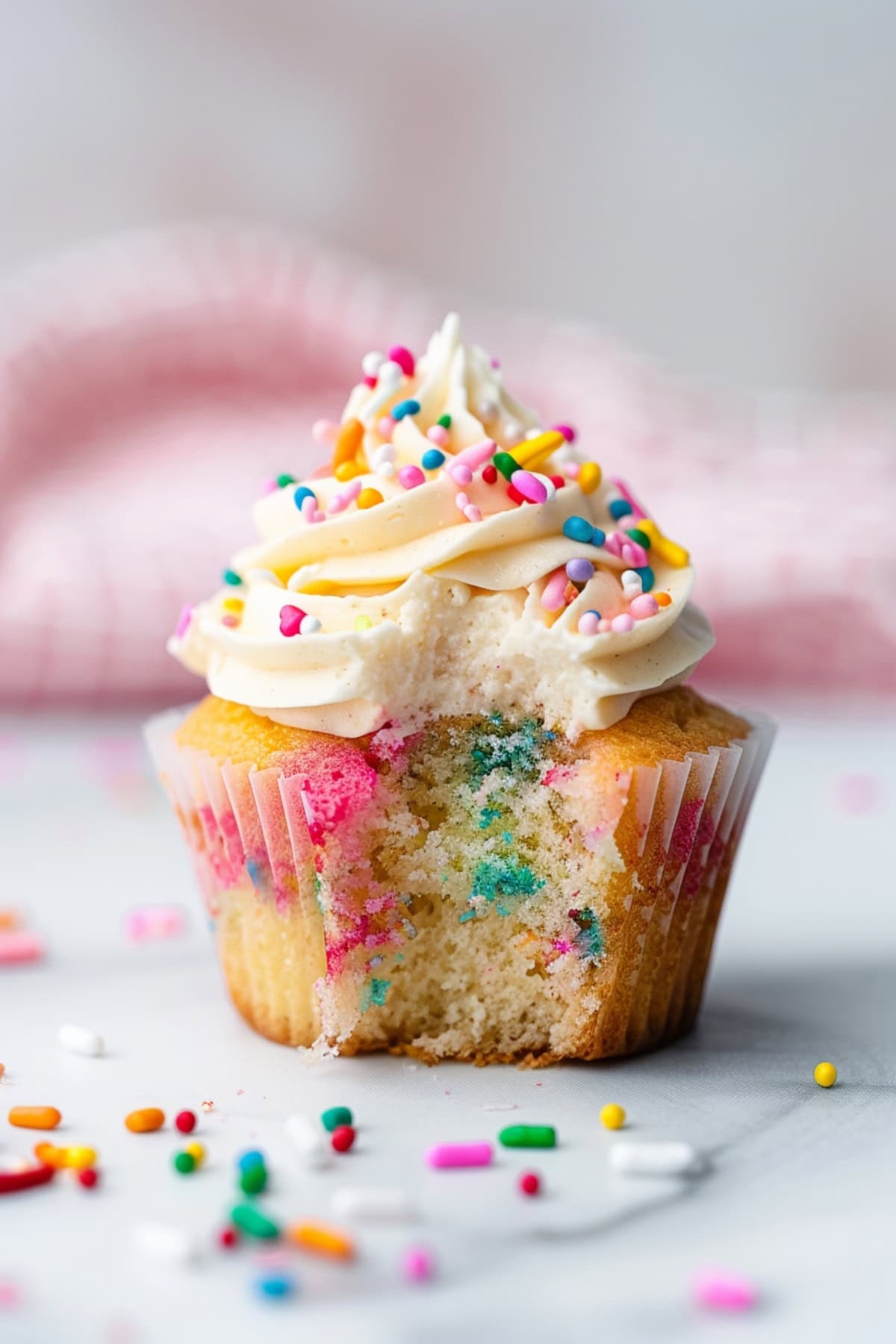 Close-up of a funfetti cupcake with buttercream frosting slightly bitten to show its texture.