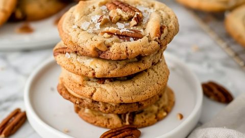 Buttery pecan cookies with sea salt in a white plate