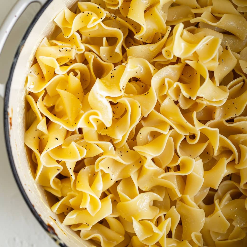 Amish Egg Noodles in a large pot, top view, close-up