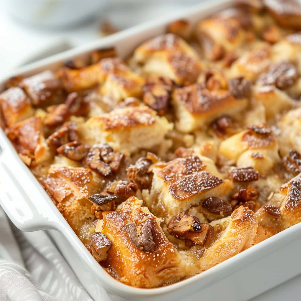Apple pie bread pudding in a rectangular baking dish.