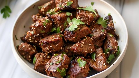 A bowl of Asian steak bites served with white rice on a white marble countertop
