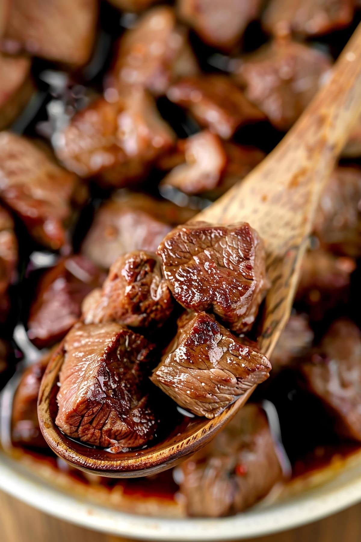Close-up shot of sirloin steak chunks in a wooden spoon