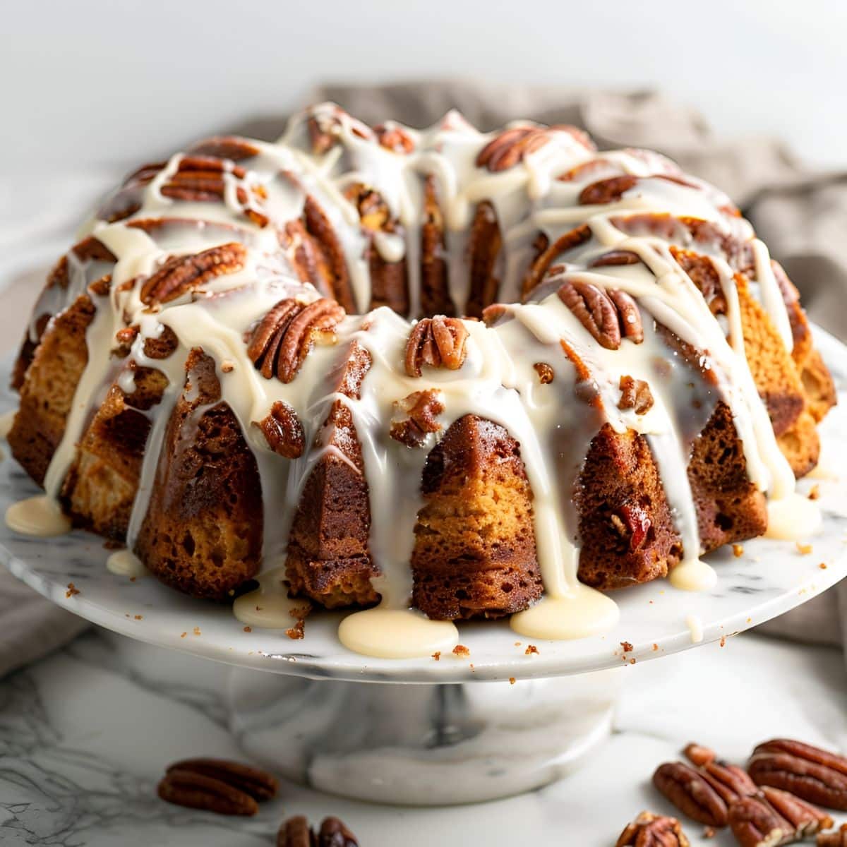 Full Bacardi Rum Cake with Pecans and Rum Glaze on a White Cake Stand