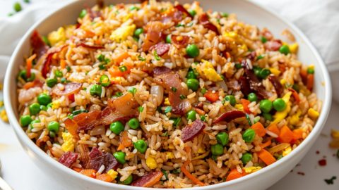 Bowl of fried rice with bacon, egg, green peas and carrots.