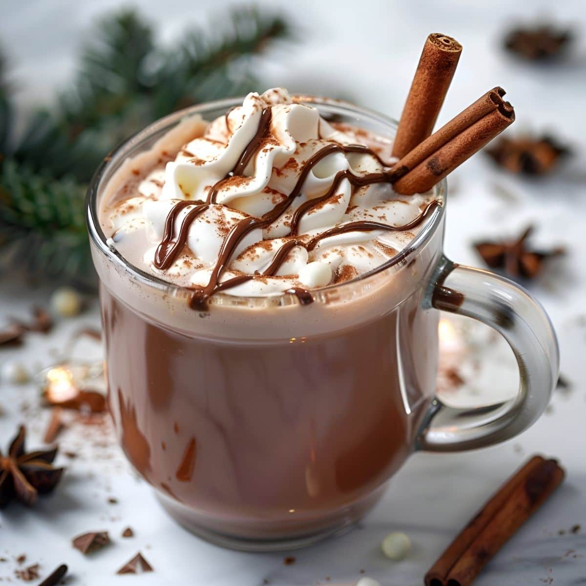 Glass Mug of Bailey's Hot Cocoa with Whipped Cream, Cocoa Powder, A Drizzle of Chocolate Syrup, and Cinnamon Sticks for Garnish with Cinnamon Sticks, Star Anise, and Pine Boughs in the Background