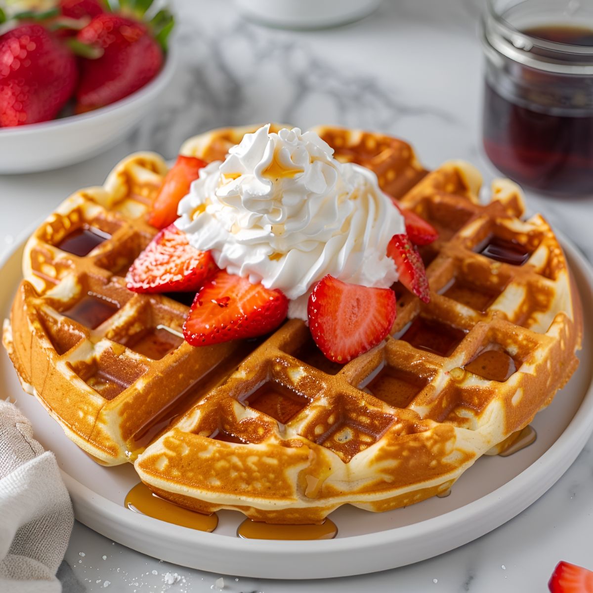 Bisquick Waffles with a bowl of strawberries