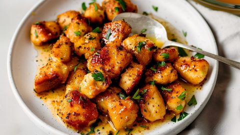 Bite-sized pieces of chicken breasts coated in a buttery garlic glaze