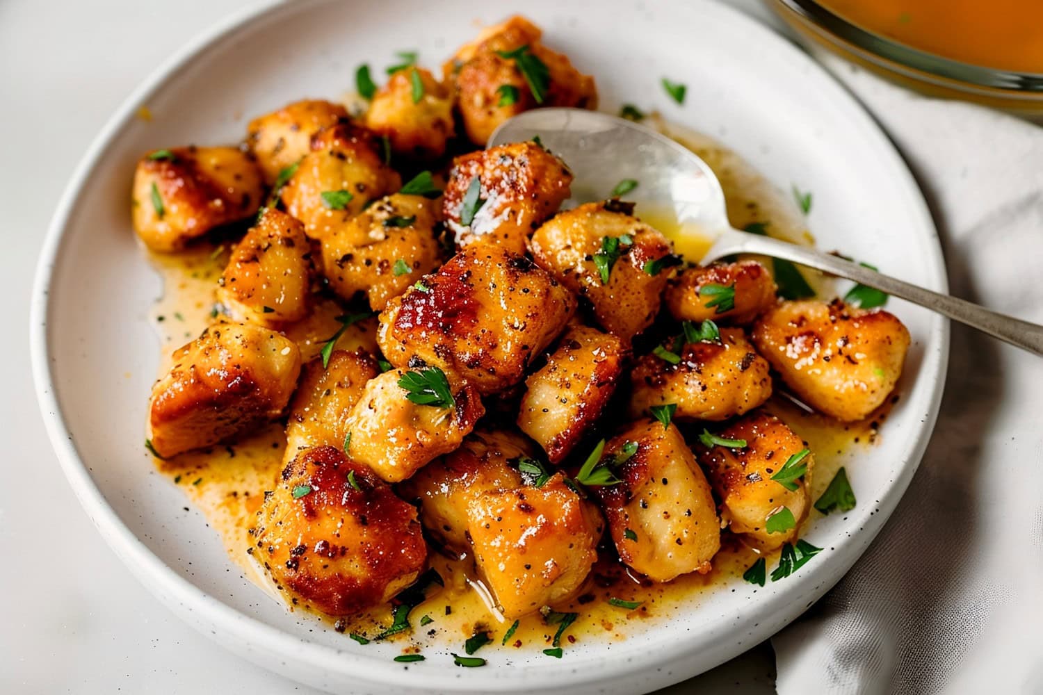 Bite-sized pieces of chicken breasts coated in a buttery garlic glaze