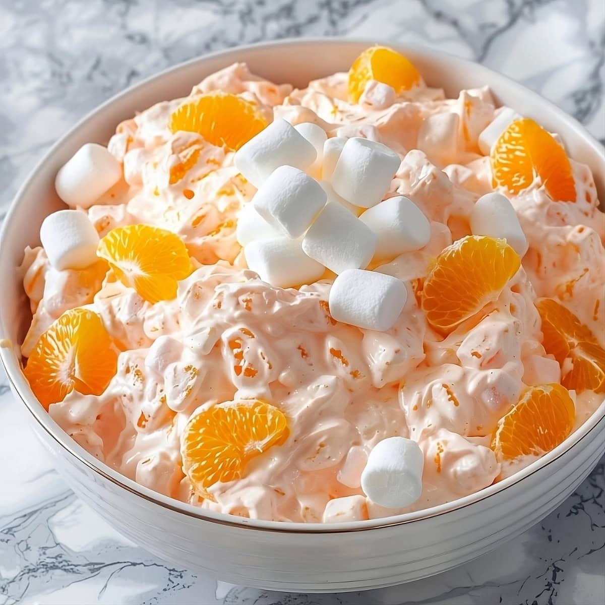 Orange fluff salad in a white bowl garnished with mini marshmallows and fresh orange.
