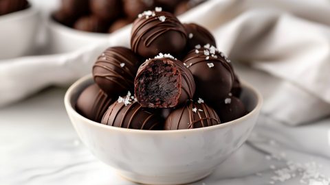 Delicious brownie truffles, dipped in melted chocolate and garnished with a sprinkle of sea salt