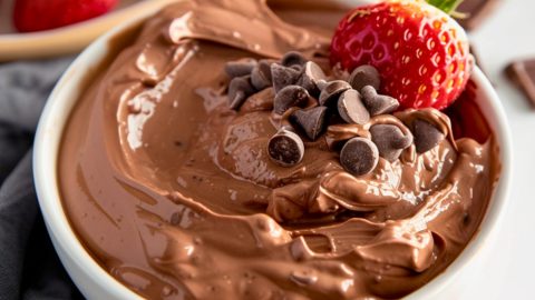 Brownie batter dip in a white bowl with fresh strawberry and chocolate chips.