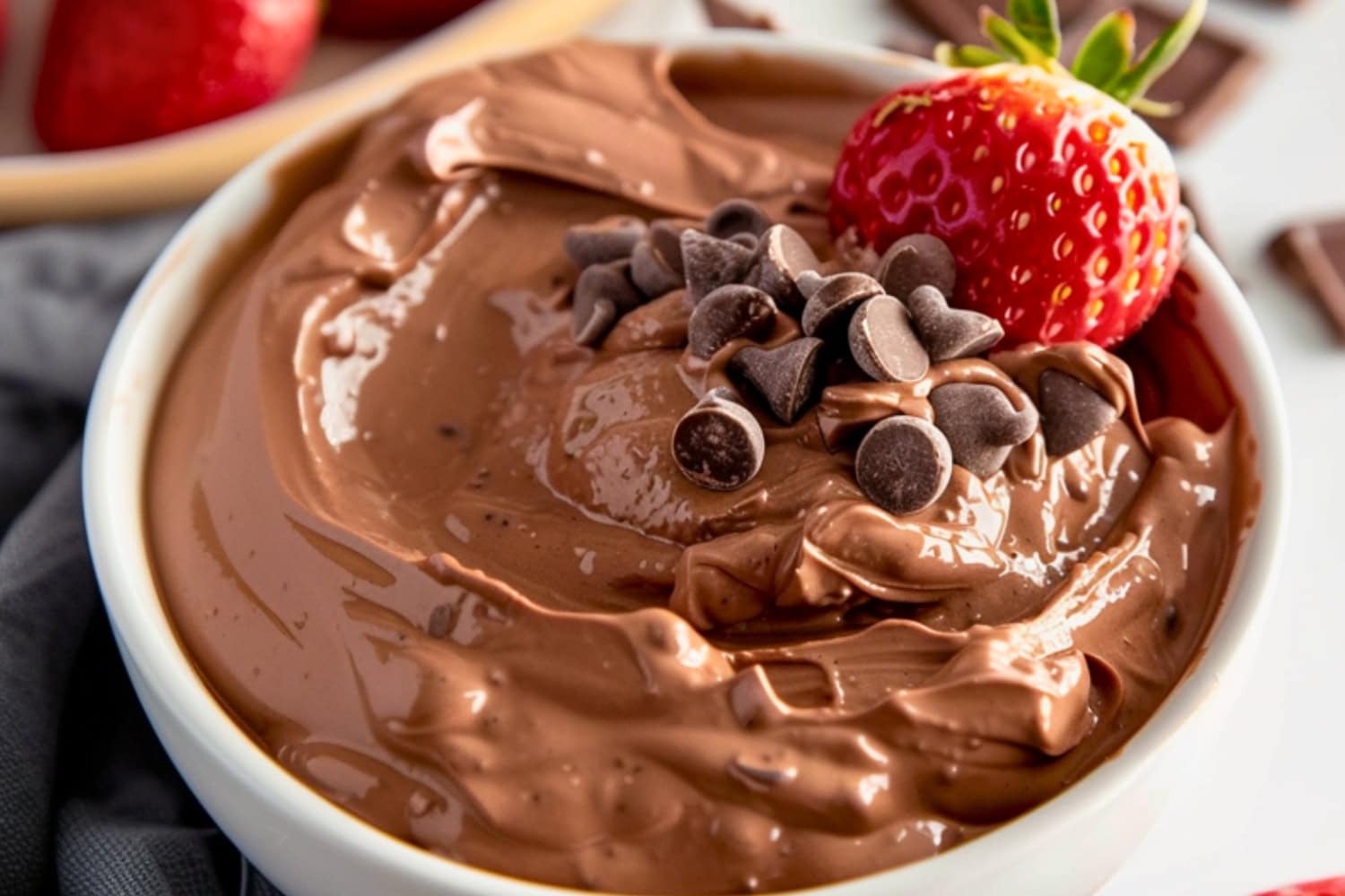 Brownie batter dip in a white bowl with fresh strawberry and chocolate chips.