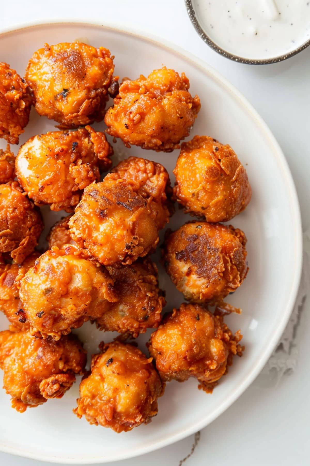 Spicy buffalo chicken bites, crispy and golden brown, perfect for snacking or appetizers