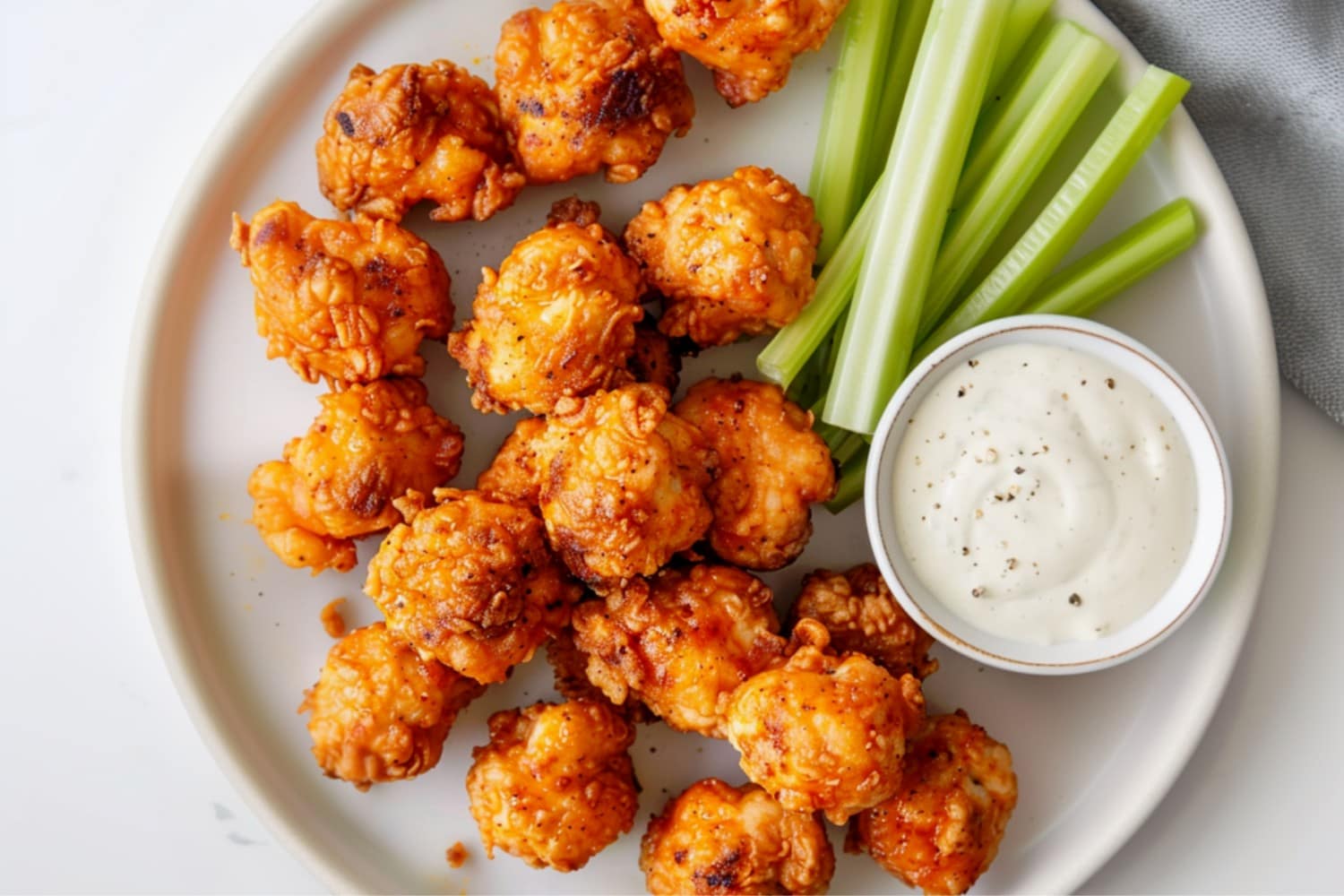 Appetizing spicy buffalo chicken bites served with celery sticks and ranch dressing dip