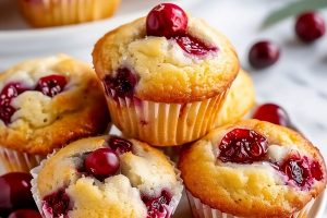Muffins with cranberries and lemons arranged in a white plate.